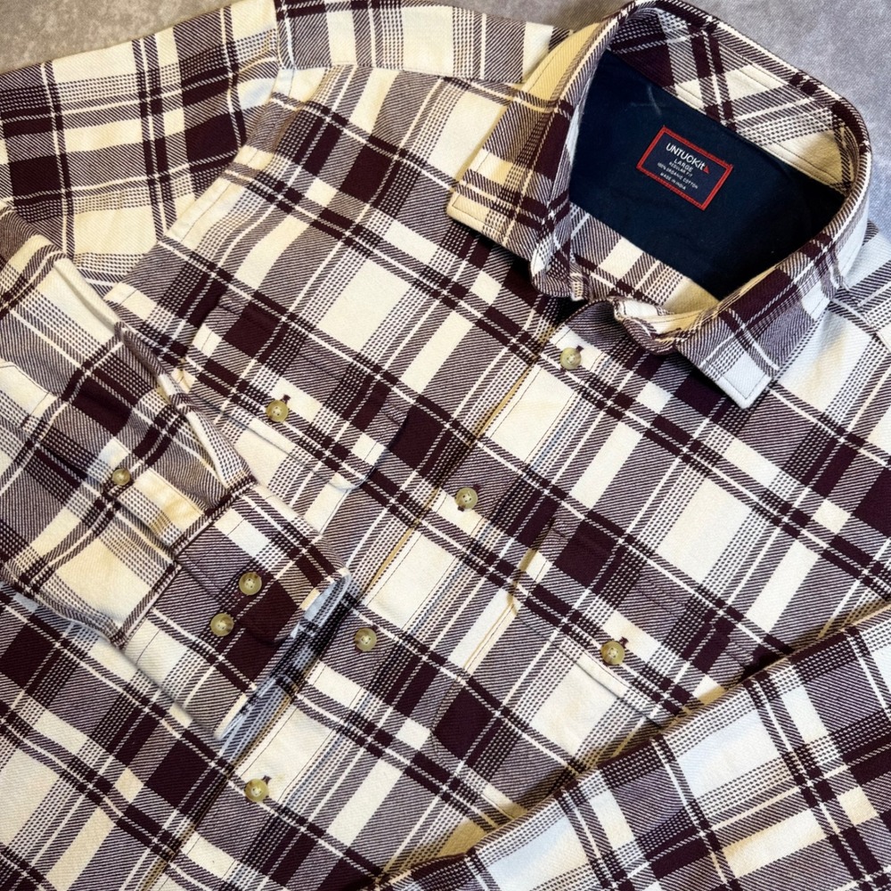 UNTUCKit Mens Maroon White Plaid Flannel Shirt Organic Cotton Large 41714 Reg